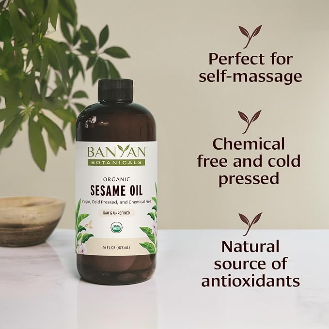 Banyan Botanicals Organic Unrefined Sesame Oil – Rich &amp Warming Ayurvedic Massage Oil for Body &amp Scalp – Traditional Abhyanga Oil for Deep Tissue Grounding &amp Recovery – 16 oz – USDA Organi