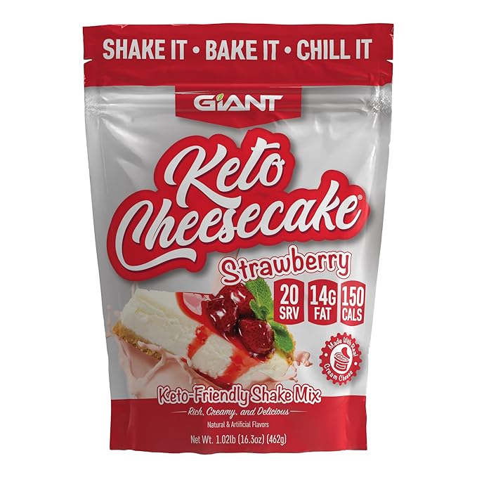 Giant Sports Keto Cheesecake Shake Mix - Delicious Low Carb Ketogenic Diet Gluten Free Powder Mix - Works Great with Almond Milk - Strawberry (20 Serving Bag)