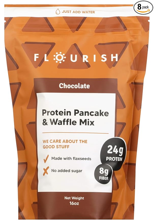 Flourish Chocolate Flavor Protein Pancake &amp Waffle Mix Non GMO No Added Sugar 16 Ounce (Pack of 8)