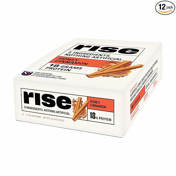 Rise Whey Protein Bars - Honey Cinnamon | Breakfast Bar &amp Protein Snack 18g Protein 4g Fiber Just 5 Whole Food Ingredients Gluten-Free Soy Free