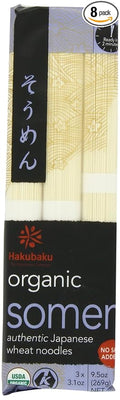 Hakubaku Organic Somen Authentic Japanese Wheat Noodles No Salt Added 9.5-Ounce Packages (Pack of 8)