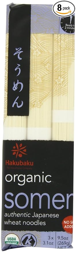 Hakubaku Organic Somen Authentic Japanese Wheat Noodles No Salt Added 9.5-Ounce Packages (Pack of 8)