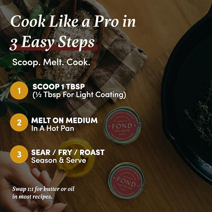 FOND Regenerative Grass-Fed Beef Tallow for Cooking – High Smoke Point Grass Fed Beef Tallow for Frying Sautéing &amp Roasting – Sustainably Sourced Seed Oil Free – Chili and Garlic 14oz (4-Pack)
