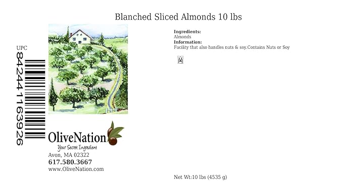 OliveNation Blanched Sliced Almonds Skinless Unsalted Healthy High Fiber Nuts for Baking Cooking Decoration Snacking  Non-GMO Gluten Free Kosher Vegan - 10 pounds