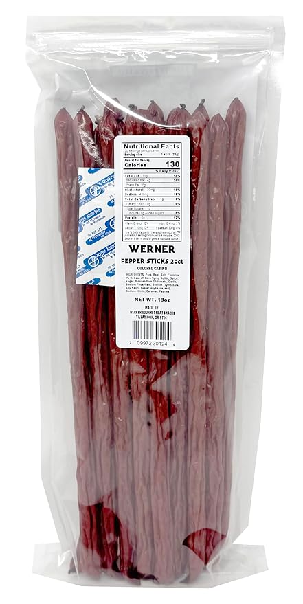 Werner Pepper Meat Sticks - 20 Pack Bulk Meat Sticks - 18 Oz Big 12 Sticks