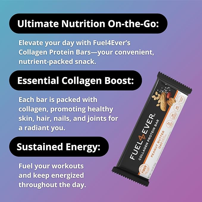 Fuel 4 Ever Collagen Protein Bars | 14G Protein Gluten Free Dairy Free No Stevia or Artificial Ingredients Added Sweetened with Honey | Peanut Butter Oat Flavor (Box of 12)