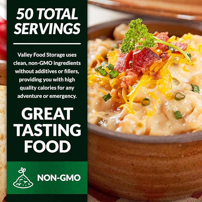 Valley Food Storage Irish Pub Cheddar Potato Soup 10-Bag Bucket 50 Servings | Premium Non-GMO Emergency Food Supply with 25 Year Shelf Life | Survival Meals Prepper Food Camping &amp Off-Grid Supp