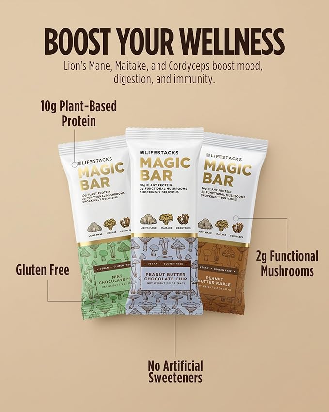 Lifestacks Magic Bar Functional Mushroom Energy Bars – 10g Plant-Based Protein with Lion’s Mane Cordyceps &amp Maitake | Adaptogen Superfood Blend | Made in USA | 12-Pack Variety Box
