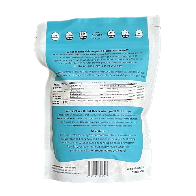 Farm to Table Foods Organic Oatmeal Variety Pack – High-Protein Plant-Based Unsweetened Non-GMO – 3-Pack (Apple Raisin Whole Grain Ultimate Organic)