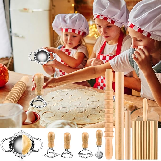 9 Pcs Gnocchi Pasta Making Tools kit - Gnocchi Board Pasta Cutter Ravioli Stamp Wood Threaded Pasta Roller Pin Set Noodle and Dumplings Maker Homemade Kitchen Gift for Pasta Lovers