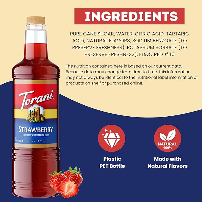 Torani Strawberry Syrup 1 Liter Bottle with Pump – Premium Drink Flavoring Made with Pure Cane Sugar &amp Natural Flavors for Coffee Cocktails Mocktails Lemonades &amp Desserts – Café-Quality Swe