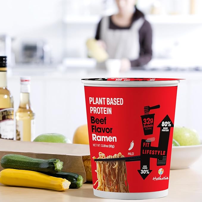 Hethstia High Protein Ramen Cup Spicy Beef Flavor 6-Pack Instant Healthy Ramen Soup with 32g Plant Protein Vegan Low Carb Non-GMO Air-Dried Noodles Non-Fried Low Fat Meal