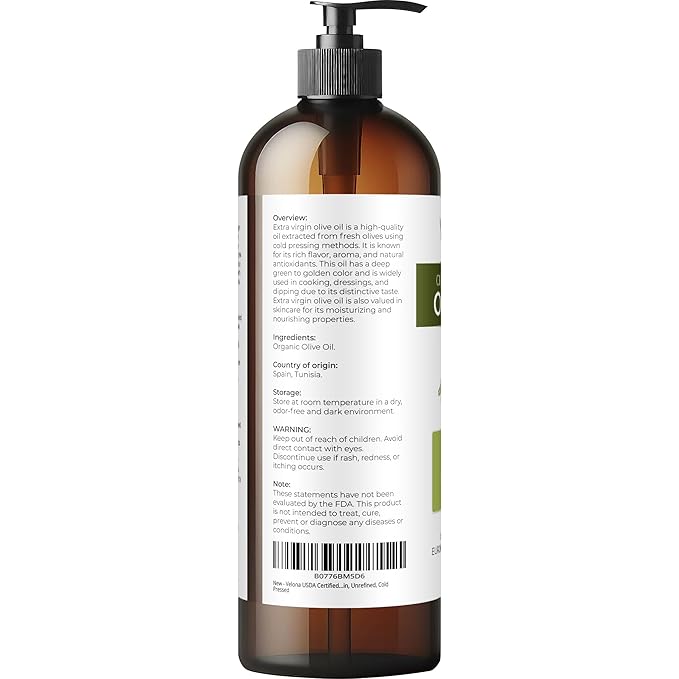 velona USDA Certified Organic Olive Oil - 16 Fl Oz | 100% Pure and Natural Carrier Oil | Extra Virgin Unrefined Cold Pressed | Cooking Dressing Face Hair Body &amp Skin Care | Use Today - Enjoy