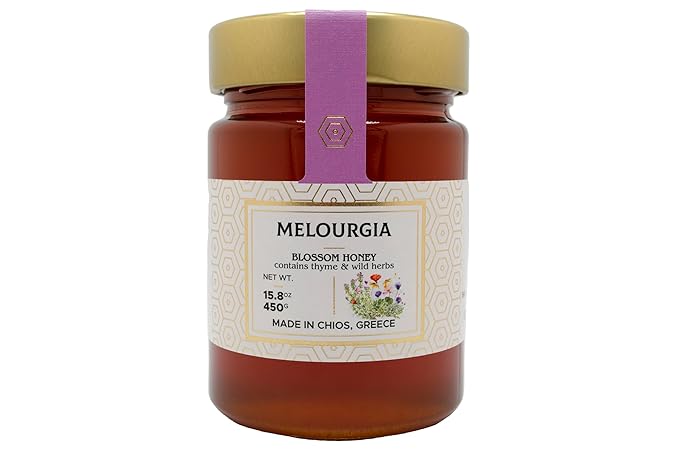 Award-Winning! Premium Greek Blossom Honey – Raw &amp Unfiltered – From Wild Thyme and Mountain Herbs – 100% Pure – Harvested in Greece – 15.08 oz Glass Jar