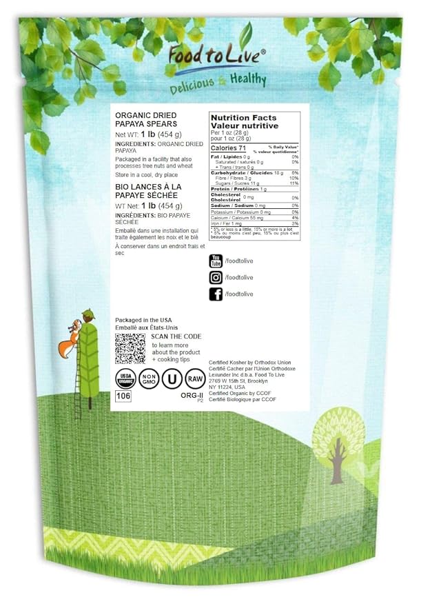 Food to Live Organic Dried Papaya Spears 1 Pound Kosher Unsulfured Unsweetened Vegan Bulk