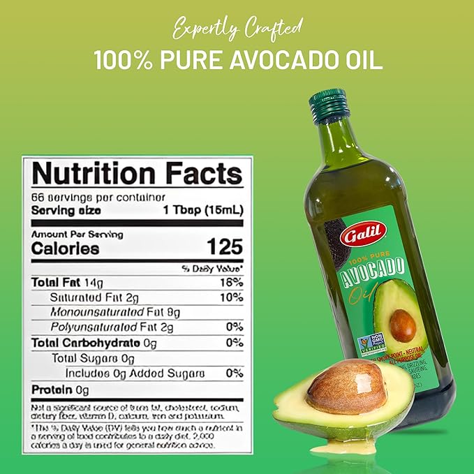 Galil 100% Pure Avocado Oil - High Smoke Point 500°F Non-GMO Vegan Halal Certified - Perfect for Cooking Baking Sautéing Dressings &amp Marinades Rich in Healthy Fats - 1 Liter Glass Bottle