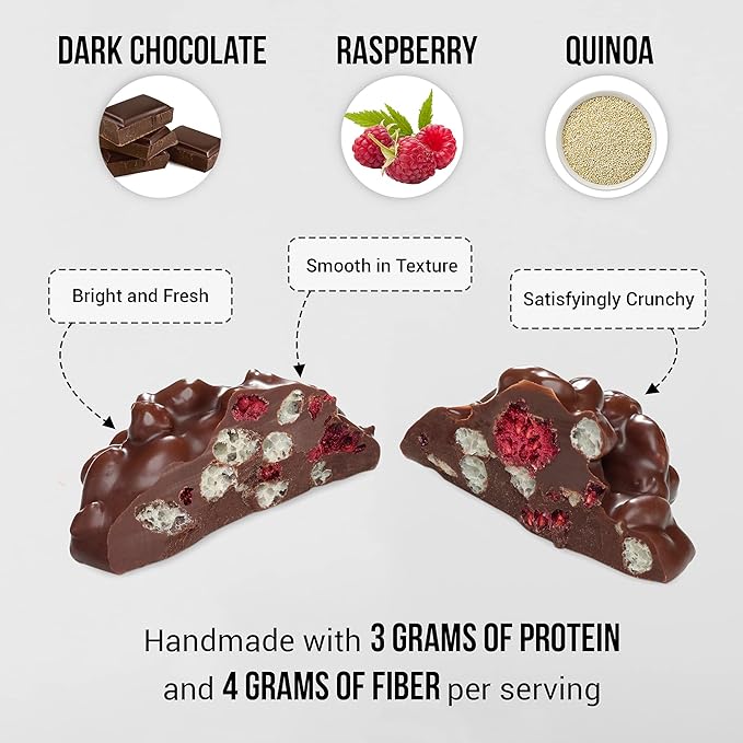 Bixby 6 Pack of Clusters Dark Chocolate Covered Quinoa and Raspberry | Kosher Non-GMO Gluten Free Bites | Resealable 4oz Bags of Quinoa Clusters On The Go Chocolate Snacks | Chocolate Raspberry Mix