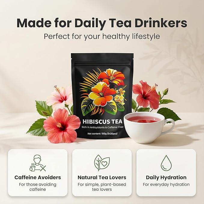 Hibiscus Tea Organic Hibiscus Tea Bags Antioxidant-Rich Rich in Anthocyanins &amp Vitamin C Naturally Caffeine-Free to Soothe the Mind Tart &amp Refreshing Flavor 20 Tea Bags