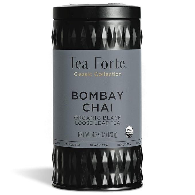 Tea Forte Bombay Chai Premium Loose Leaf Caffeinated Black Tea Blend Canister Makes 35-50 Cups Round Canister