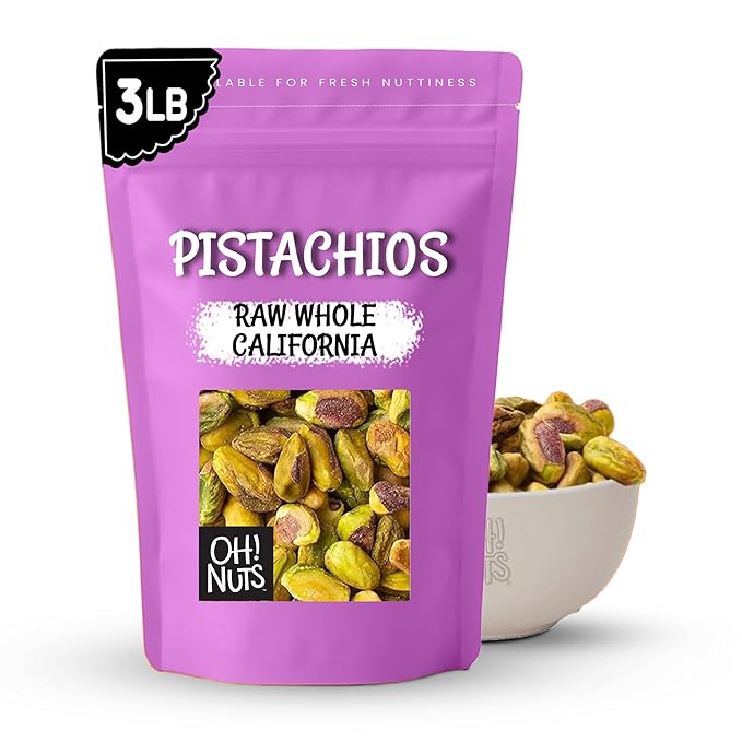 Oh! Nuts Pistachios No Shell - Raw - 100% Natural - 3 lb - Raw Whole California Pistachios - Packed in New York Zip-Seal Bag for Exceptional Freshness