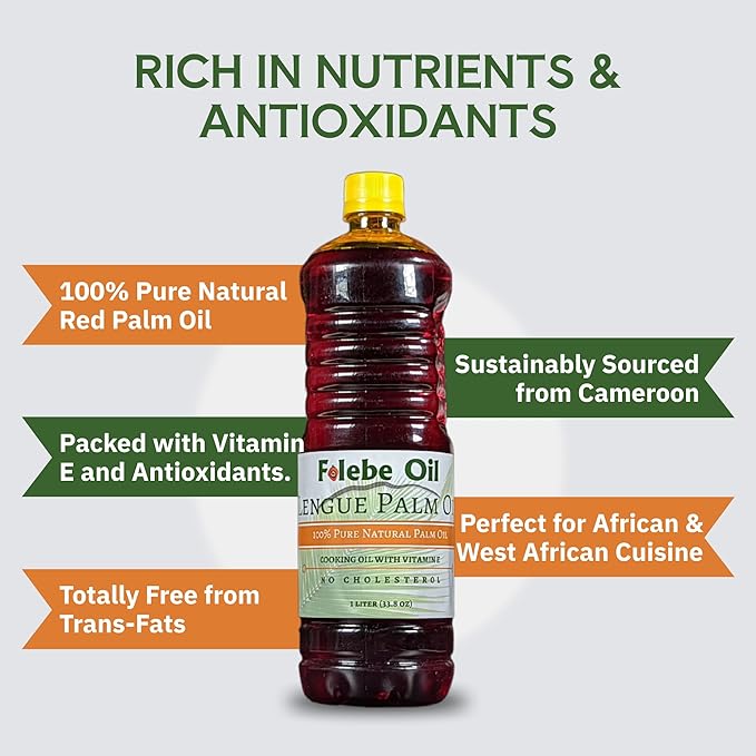 Folebe Oil 5L 100% Pure Natural Red Palm Oil – Authentic Cameroonian Palm Oil for Cooking – Cold-Pressed from Palm Pulp – Rich in Nutrients Carotenoids Natural Vitamin E