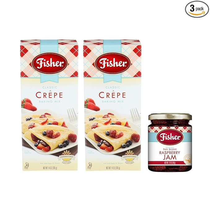 Fisher Crepe Mix &amp Raspberry Jam Breakfast – Includes 2 Classic Crepe Mix (14 Oz) + 1 Raspberry Jam (12 Oz) (Variety Pack)