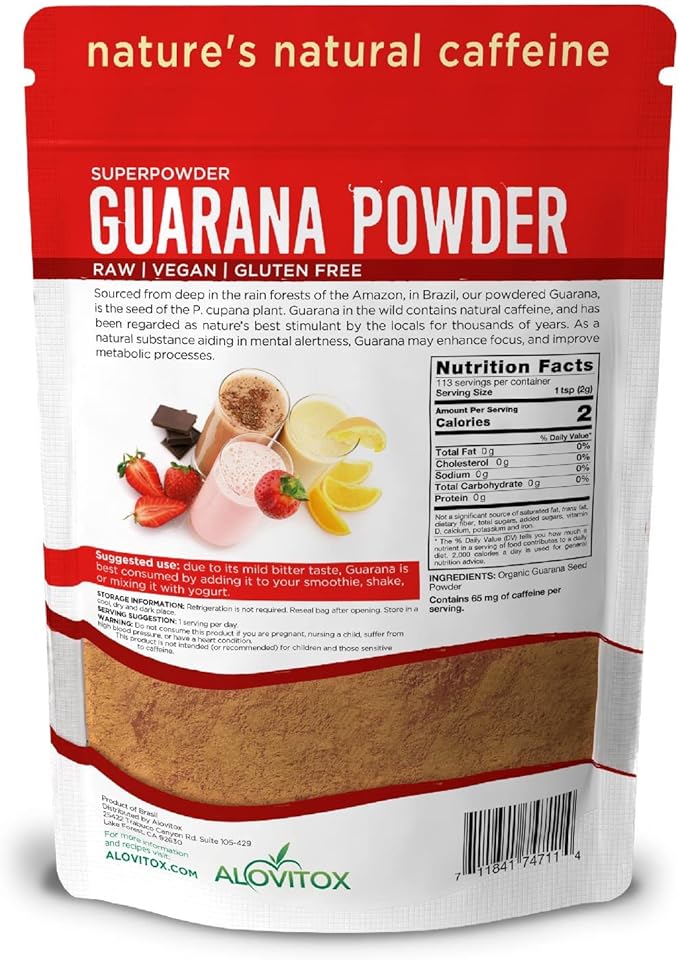 Alovitox Organic Guarana Seed Powder | Raw Guarana Seed Extract Vegan Non-GMO &amp Gluten-Free (Superfood 65mg of Natural Caffeine per Serving) 8oz/113 Servings