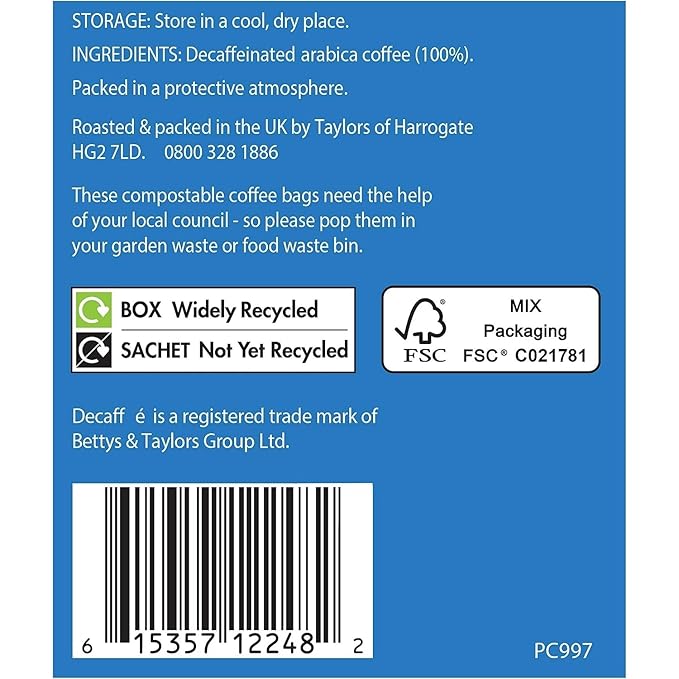 Taylors of Harrogate Decaffe Coffee Bags - 10 enveloped bags (Pack of 3 total of 30 Coffee Bags)