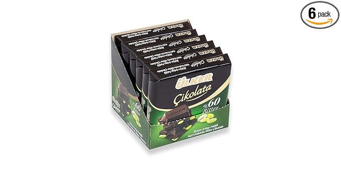 Ulker Butun Antep Fistikli Bitter Cikolata Dark Chocolate with Whole Pistachios Turkish Chocolate Pack of 6