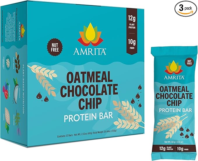 Amrita Nut Free Oatmeal Chocolate Chip Vegan Protein Bars (12 Count PK of 3) | 12g Plant-Based Protein Bar | Peanut Free Gluten Free Dairy Free | Low Sugar High Fiber School Safe
