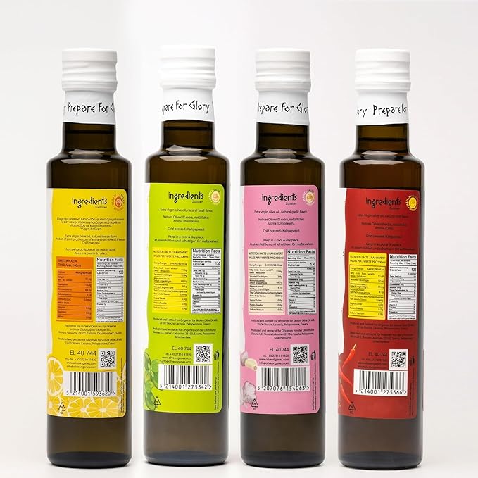 Pack of 4 Extra Virgin Flavored Olive Oil - Garlic Chili Lemon &amp Basil Infused EVOO - Cold Pressed Polyphenol Rich EVOO Intense Flavor Olive Oil Extra Virgin from Laconia 4X250ml