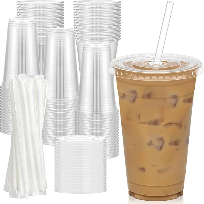 100 Pack - 20 oz Clear Plastic Cups with Lids and Straws Sturdy &amp Food Safe Iced Coffee Cups with lids Disposable Plastic Smoothie Cups for Cold Drinks