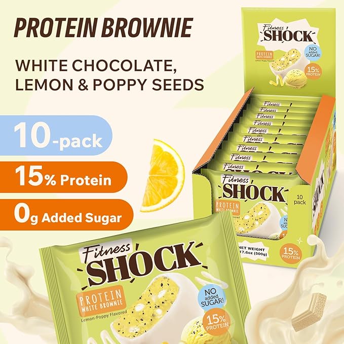 FitnesSHOCK Protein Brownie – Lemon Poppy White Chocolate – Low Sugar Dessert Snack (2g Total Sugar No Added Sugar) – Healthy Snack – 10 Count