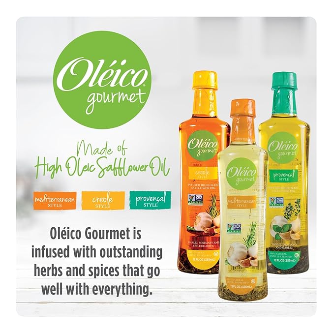 Oleico Gourmet -Infused High Oleic Non GMO Certified Kosher Verified Expeller Pressed High Heat Stable Safflower Oil Assorted Style Creole Provencal and Mediterranean Bottle of 12 fl oz (Pack o
