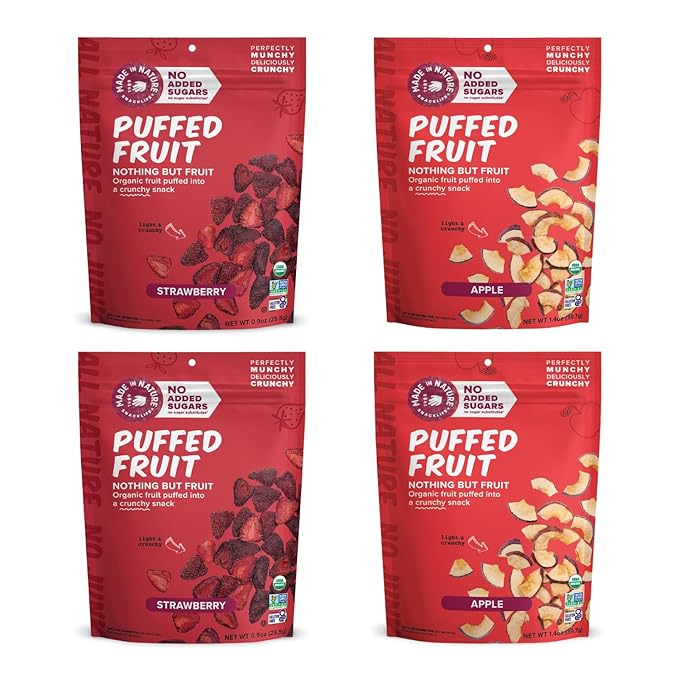 Made In Nature Organic Puffed Fruit Favorites Pack 1.1 Ounce Bag (Pack of 4) - Includes 2 Strawberry 2 Apple