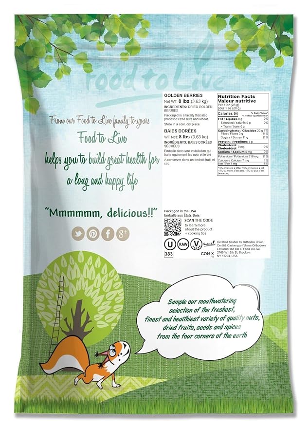 Food to Live Golden Berries 8 Pounds – Whole Dried Goldenberry Raw Unsweetened Unsulfured Kosher Ground Cherry Bulk. Rich in Vitamins A and C.