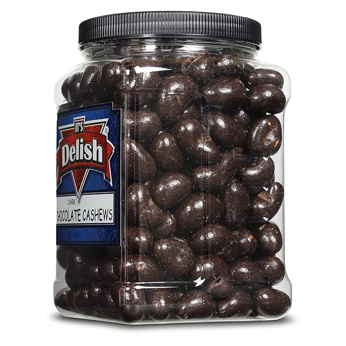 Dark Chocolate Covered Cashews by Its Delish 3 LBS Jumbo Reusable Container (Jar) | Gourmet Dark Chocolate Cashews Healthy Snacks Chocolate Nuts USA Made Vegan Kosher