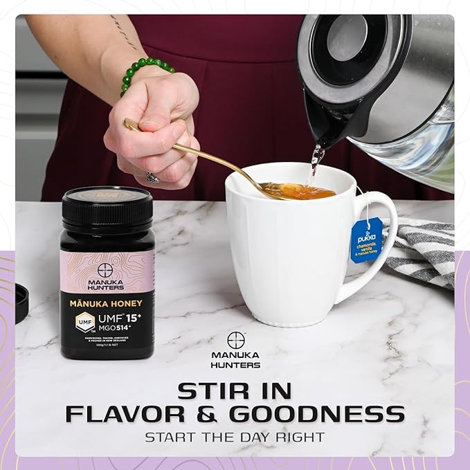 Manuka Hunters UMF 15+/MGO 514+ Certified New Zealand Manuka Honey - 100% Pure Natural Sweetener - Gluten Dairy Free - Ideal for Tea Coffee Smoothies and Baking - Sustainable - 1.1lbs/500g Jar