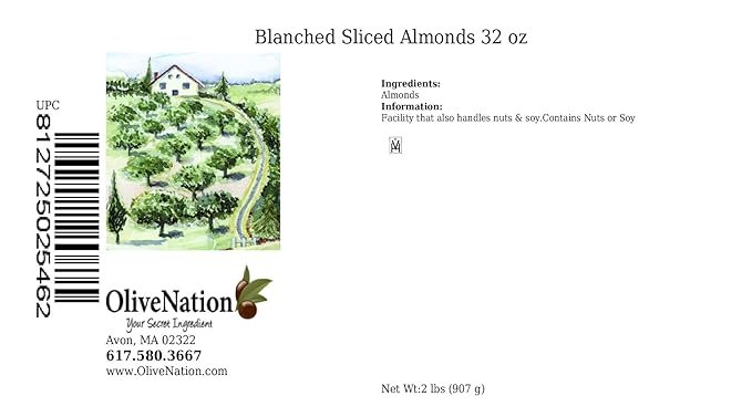 OliveNation Blanched Sliced Almonds Skinless Unsalted Healthy High Fiber Nuts for Baking Cooking Decoration Snacking  Non-GMO Gluten Free Kosher Vegan - 32 ounces