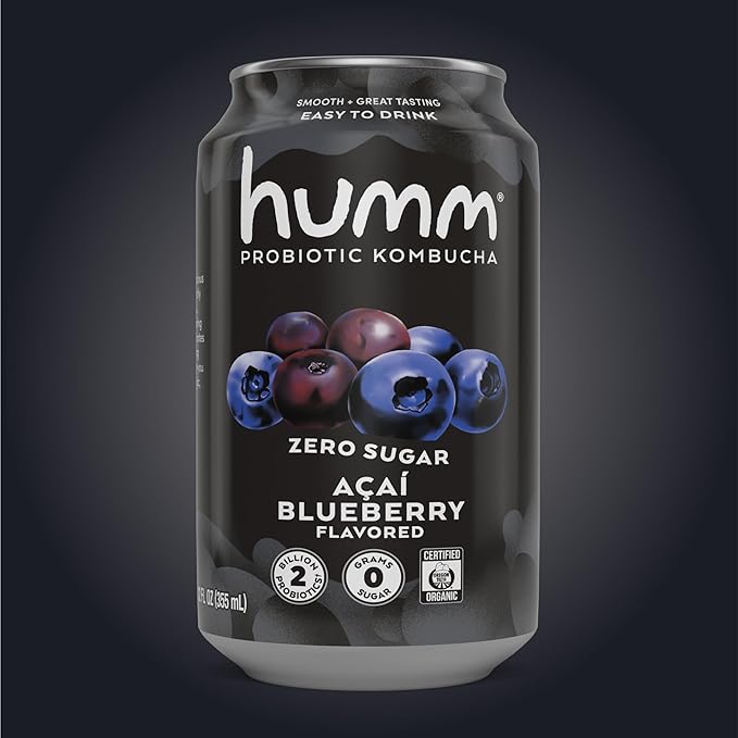 Humm Probiotic Kombucha Zero Sugar Acai Blueberry No Refrigeration Needed Keto Friendly Organic Vegan Gluten Free 12oz Cans (8 Pack)