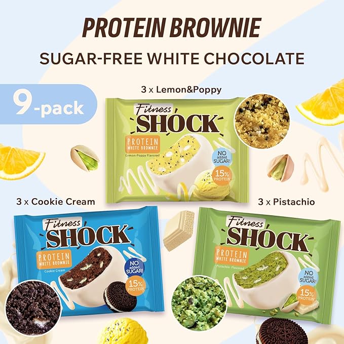FitnesSHOCK Protein Brownie White Chocolate No Added Sugar 15%/75g Protein 233kcal Pre/Post Workout Snack - No Palm Oil Filling dietary fibre Soft Texture 9x50g - Variety pack