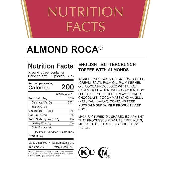Brown &amp Haley Almond ROCA The Original Buttercrunch Toffee with Almonds Canister - Individually Wrapped Chocolate for Holiday Gift Basket - Gluten Free Kosher Chocolate Candy for Sharing 42oz Pac