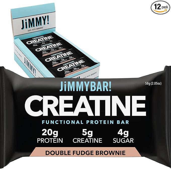 (NEW) JiMMYBAR! Creatine Protein Bar - 5g of Creatine Monohydrate + 20g Protein - High Protein Snack - Supports Muscle Growth Strength &amp Recovery - Real Food Energy Bar for Athletes | Double Fudg