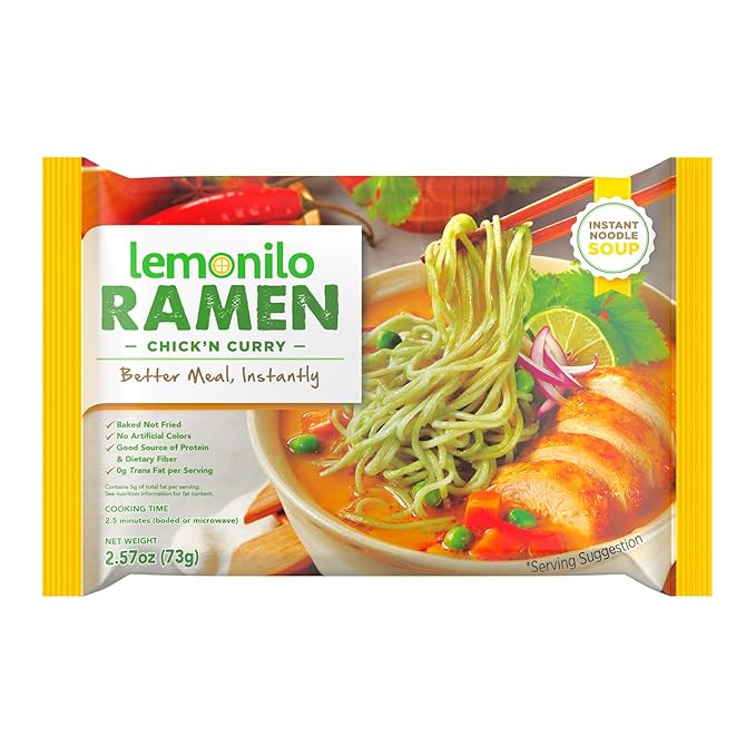 Lemonilo Ramen - Chick'n Curry Soup - Healthy Instant Ramen - Oven-Baked Noodles with Tumeric - Made with All-Natural Ingredients - Quick Meal Kit (2.57 Oz) - Pack of 24