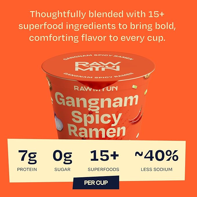 RAWMYUN Gluten Free Healthy Korean Ramen Vegan Superfood Clean Ingredients Plant-Based Cup Noodles made with Organic Rice Noodles Instant Soup | No MSG Non-GMO Real Ingredients (6 Gangnam Spicy)