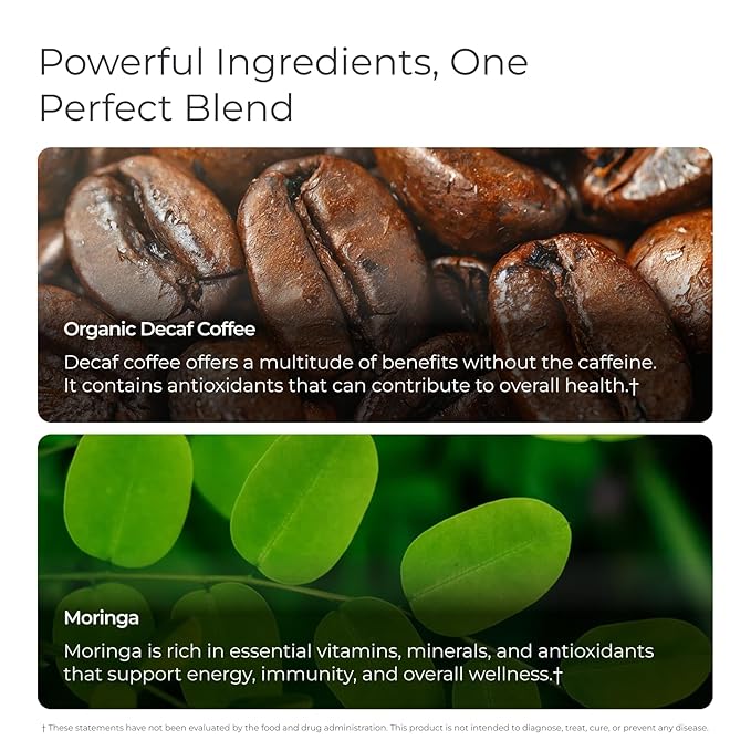 Livingood Daily Coffee with Moringa Ground Decaf Coffee with Plant Based Ingredients for Daily Wellness Made with Moringa Powder Organic Non GMO Vegan Gluten Free 20 Servings 12 oz Bag