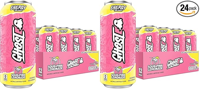 GHOST Energy DrinkSour Pink Lemonade16oz Cans - Energy &amp Focus &amp No Artificial Colors - 200mg of Natural CaffeineL-Carnitine-&amp Taurine - Gluten-Free-&amp Vegan(Pack of 24)