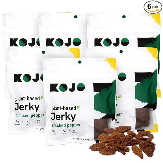 Kojo - Plant-based Vegan Jerky - Cracked Pepper - Peppery and Shamelessly Meaty Flavor - 9g Protein 3g Fiber 90 Calories - 6 Bag (2.4 oz)