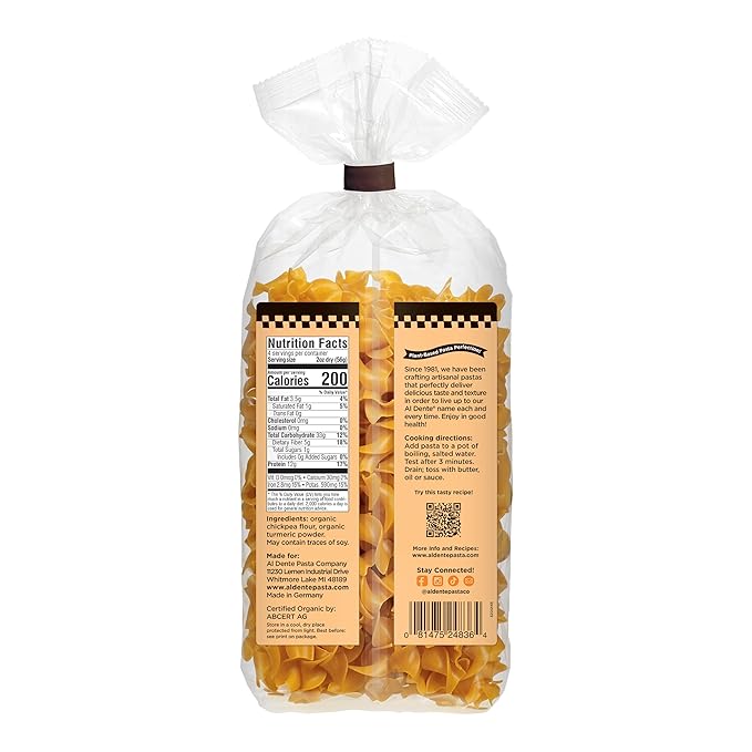 Al Dente Plant-Based Pasta Chickpea + Turmeric – Organic Gluten-Free Non-GMO Vegan High Protein Low Carb Noodles - Delicious and Versatile - Great for Soups Salads. 8oz Bags (Pack of 6)