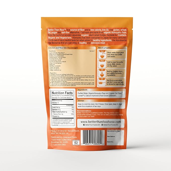 Better Than Pasta Organic Shirataki Rice – USDA Organic Zero Net Carbs Keto &amp Diabetic Friendly Gluten-Free Wheat-Free Low-Calorie Plant-Based Non-GMO No Odor Ready-to-Eat Konjac Noodles